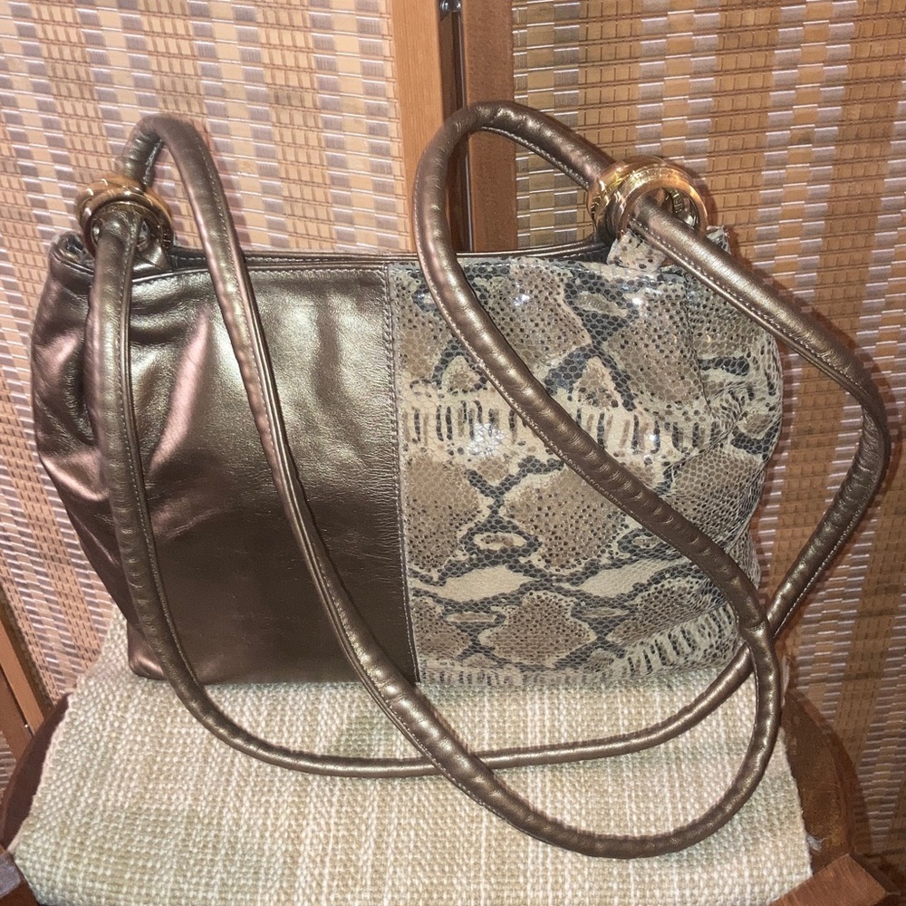 Gold and Snake Print Faux Leather Shoulder Bag